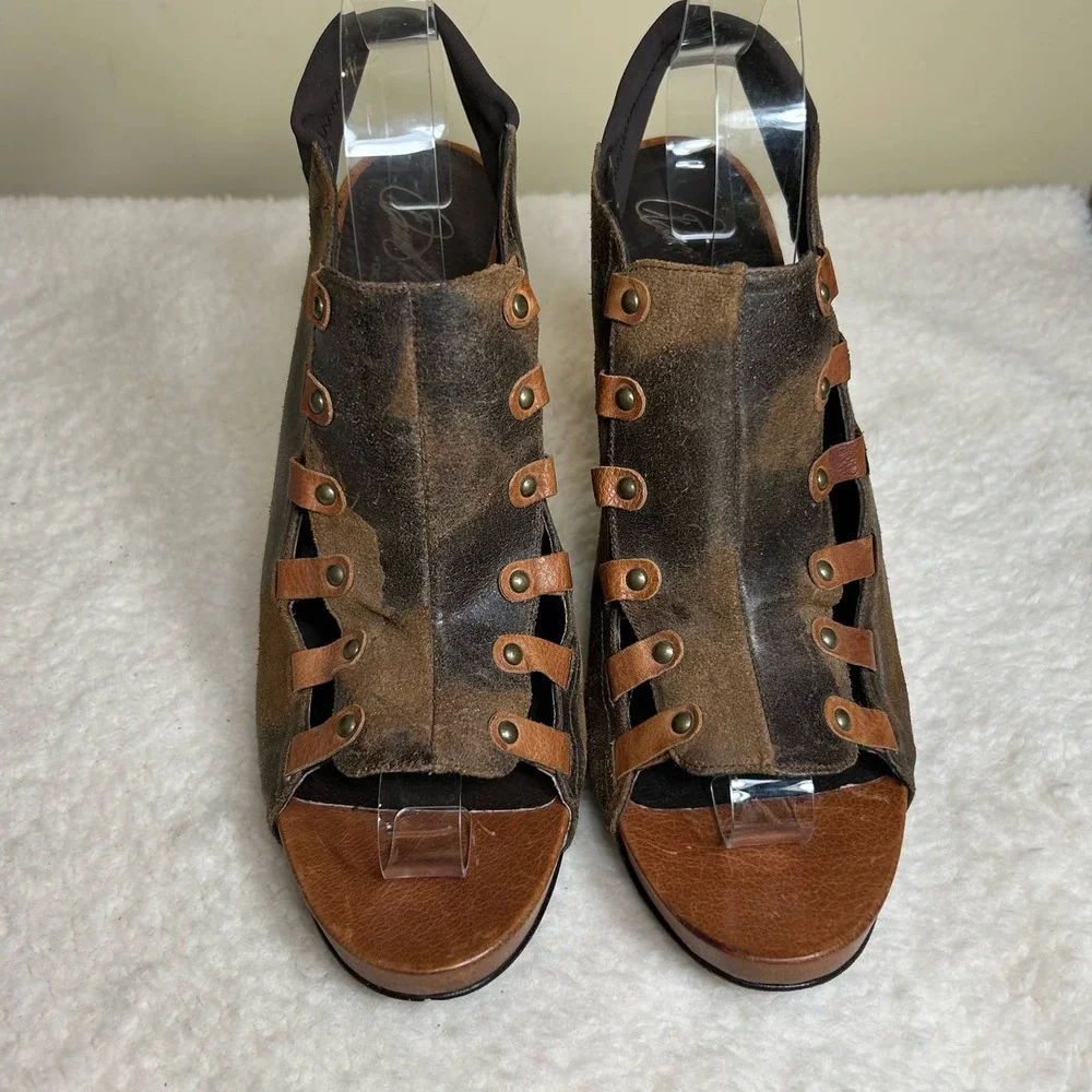Donald J Pliner Heels Womens 10‎ Saddle Vishad Open Toe Distressed Leather